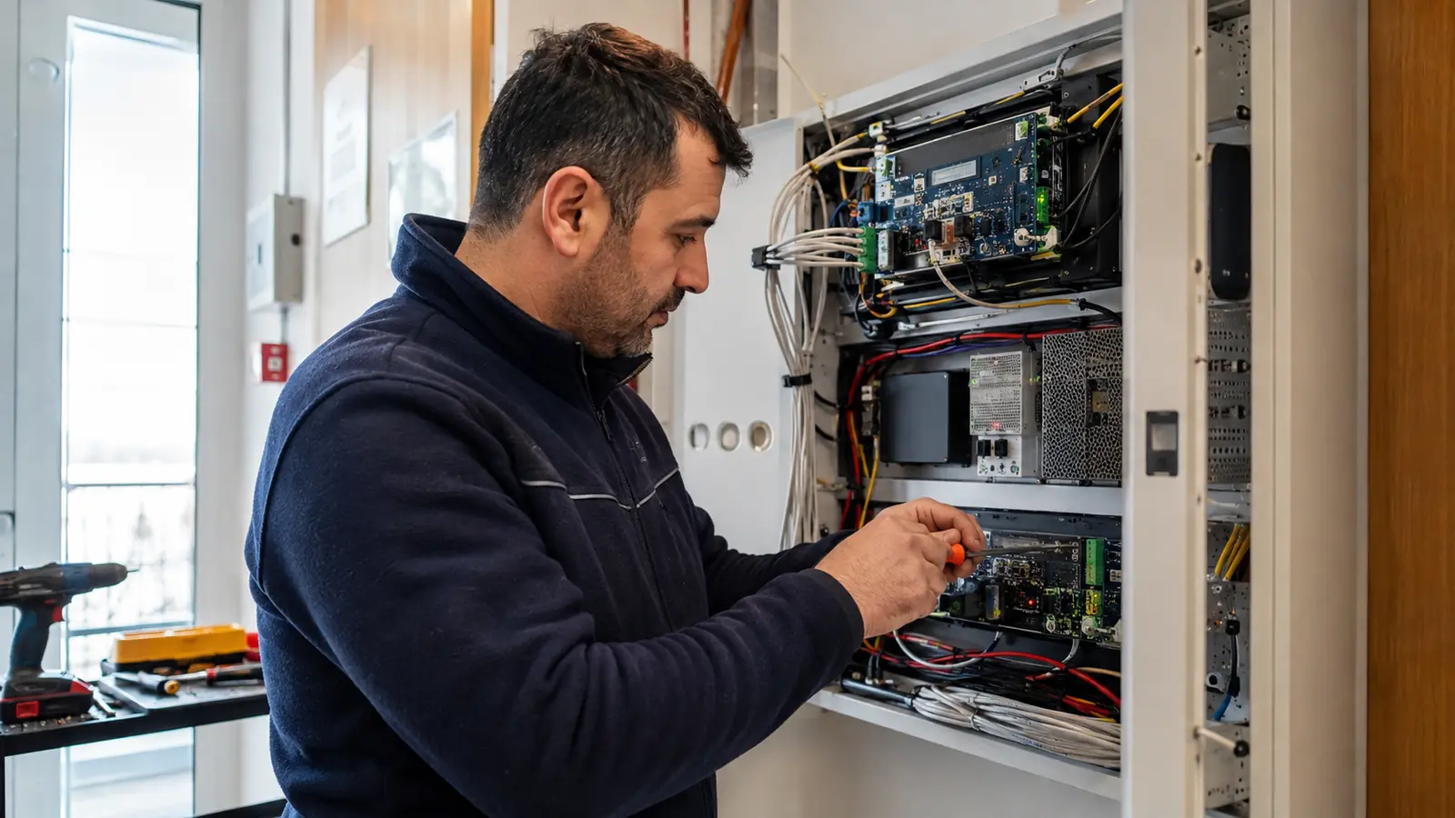 Güvenlik ve ağ kontrol kabininde bakım yapan ESM Teknoloji teknisyeni