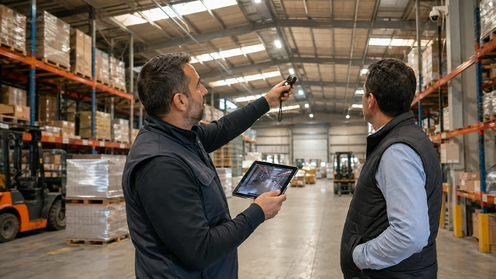 Depoda kamera görüş açısını tabletle inceleyen güvenlik danışmanı