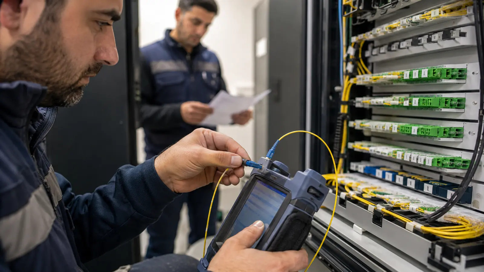 Fiber optik hattı OTDR cihazıyla ölçen teknik uzman