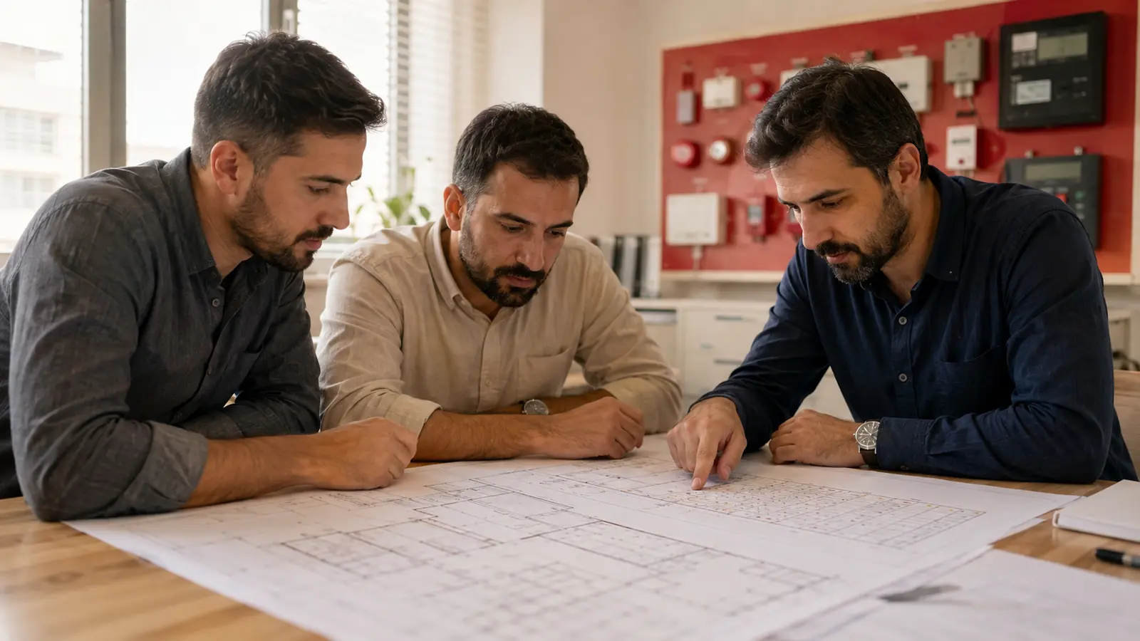 Yangın alarm projesini teknik toplantıda inceleyen mühendisler