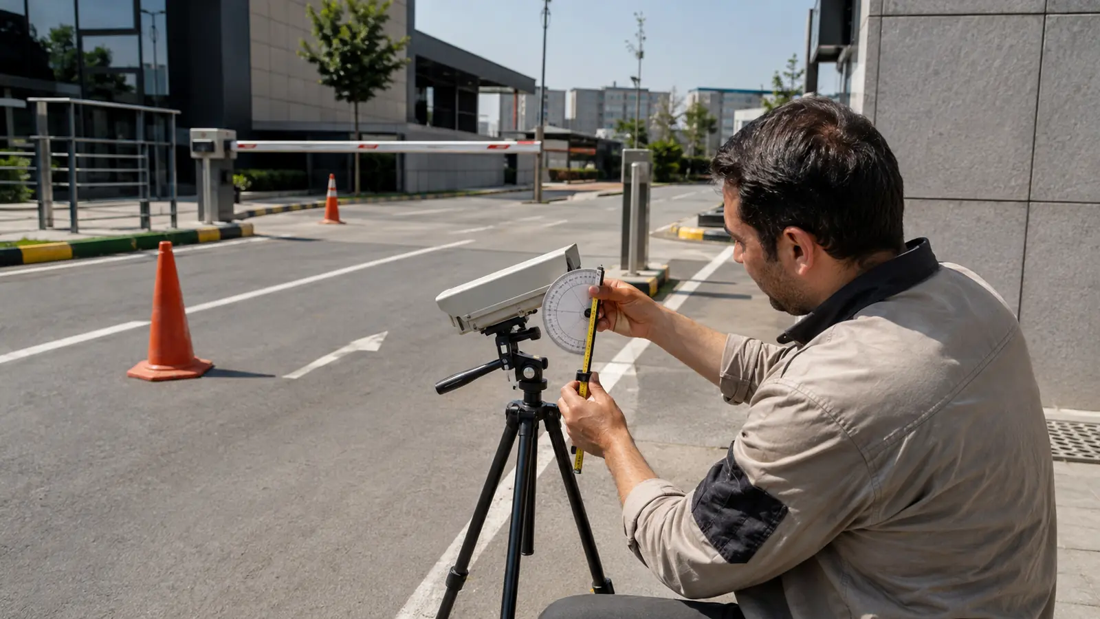 Otopark girişinde plaka tanıma kamera açısını ölçen mühendis