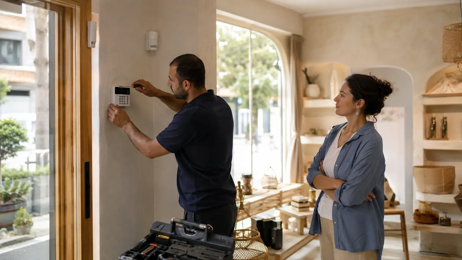 Butik iş yerinde alarm panelini test eden güvenlik teknisyeni