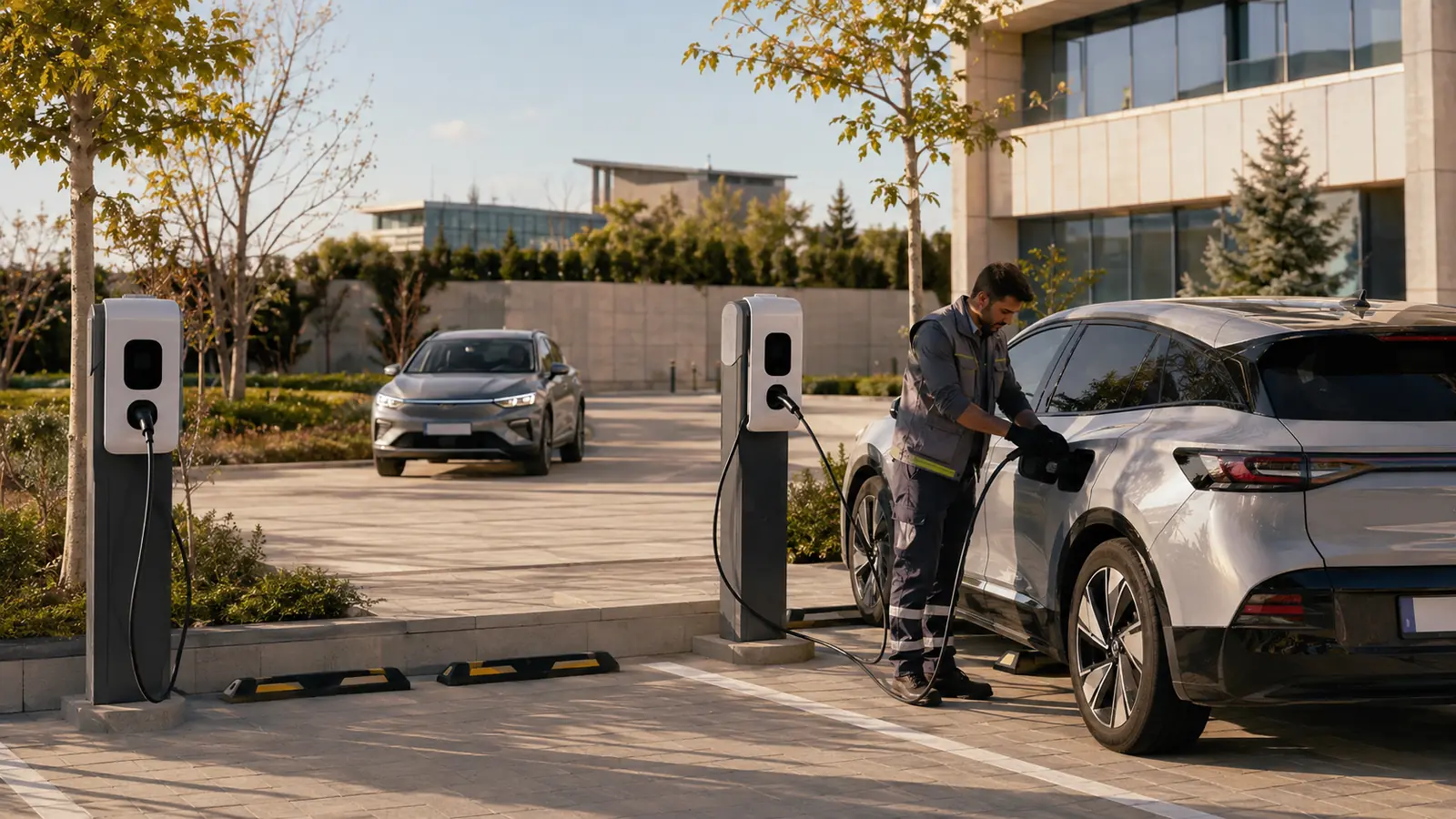 Açık otoparkta elektrikli araç şarj istasyonunu kontrol eden uzman