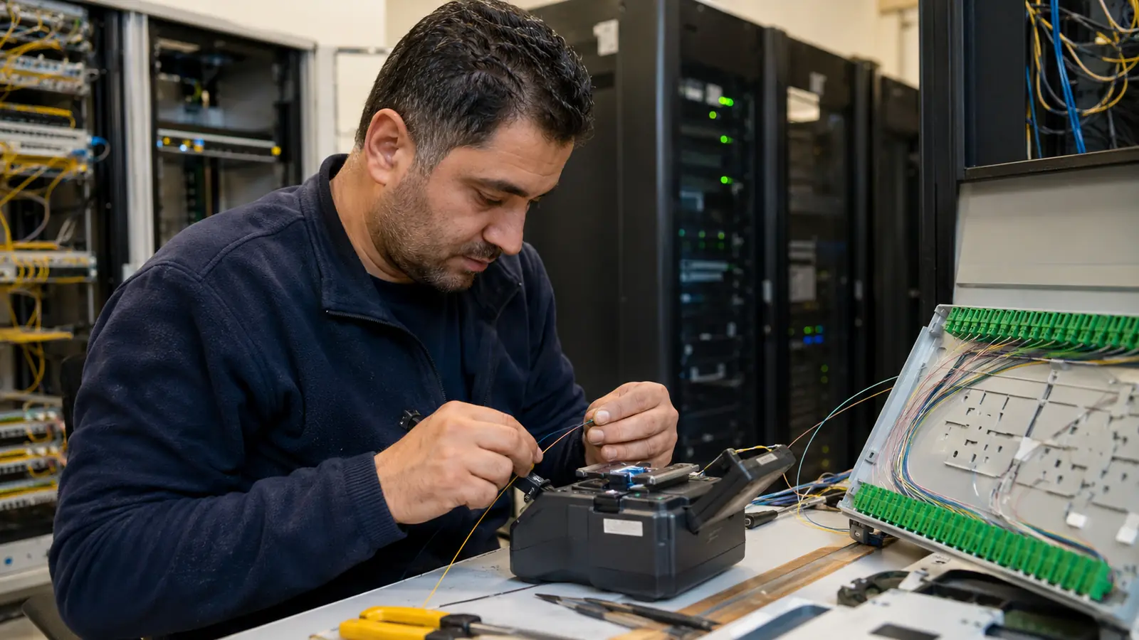 Veri merkezinde fiber optik füzyon ve ölçüm yapan teknisyen