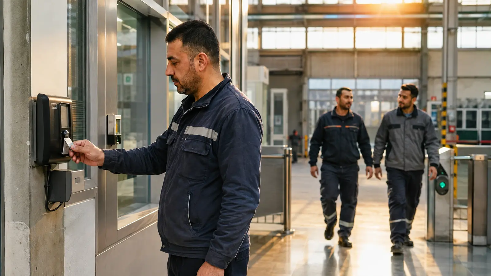 Fabrika girişinde personel takip terminalini kullanan çalışan